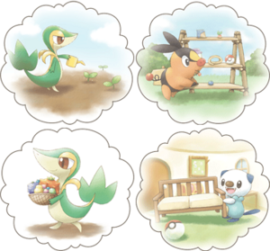 Ilustración de algunas actividades que se pueden realizar: Plantar y recolectar bayas, intercambiarlas con amigos y decorar la habitación.
