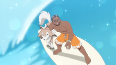 Murdock y Lycanroc surfenado.