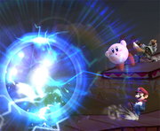 Pikachu usando su Smash Final (Placaje eléctrico) contra Mario, Kirby y Fox en Brawl.