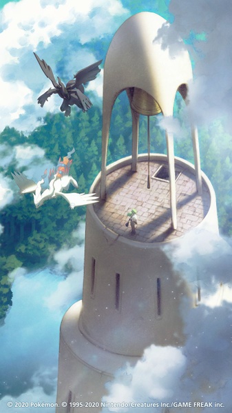 Archivo:Reshiram y Zekrom sobrevolando la Torre de los Cielos de Ryota Murayama.jpg