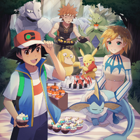 Artwork de Misty junto a Ash y Brock en Pokémon Masters EX.
