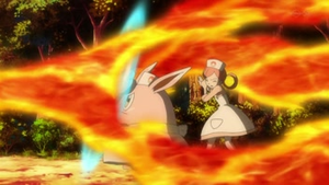 Wigglytuff usando protección contra lanzallamas.