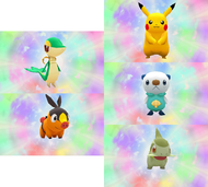 Los protagonistas del juego. Pikachu, Oshawott, Axew, Snivy y Tepig.