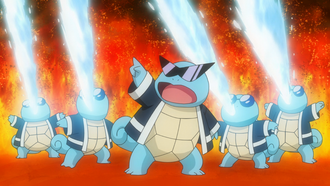 Escuadrón Squirtle usando pistola agua en un recuerdo.