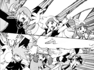 Charizard de Blue/Charizard de Azul, Blaziken de Sapphire/Blaziken de Zafiro y Typhlosion de Gold/Typhlosion de Oro usando anillo de fuego/anillo ígneo