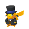 Pikachu con traje elegante azul y monóculo