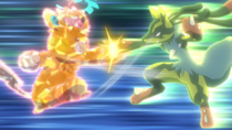 Pawmot Teracristal vs. Mega-Lucario.