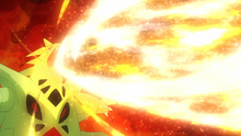 Un Mega-Tyranitar usando hiperrayo en una fantasía.
