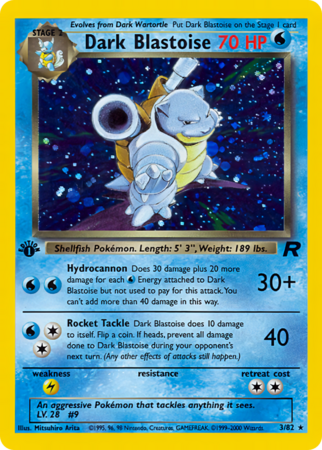 Carta de Blastoise en Team Rocket con efecto Cosmos.