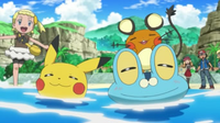 Pikachu, Froakie y Dedenne relajados en el agua.