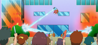 Squirtle de Ash y Escuadrón Squirtle usando pistola agua.