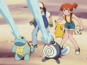 Squirtle y Poliwag usando pistola agua.