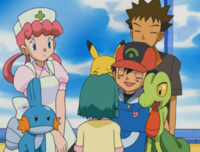 Ash trata de convencer a Stephanie de llevarse a Treecko.