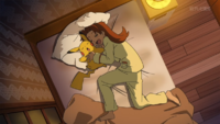 Delia durmiendo junto al Pikachu de Ash.