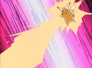 Pikachu de Ash usando impactrueno.