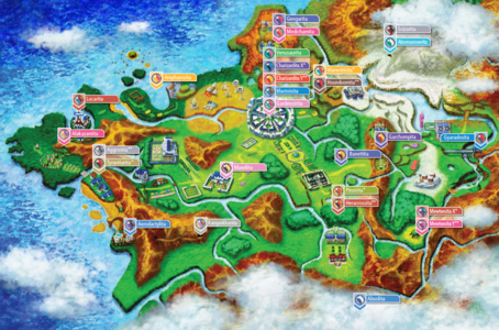 Localización de las megapiedras en la región de Kalos. Las megapiedras marcadas con un asterisco (*) son exclusivas de Pokémon X mientras que las marcadas con dos (**) son exclusivas de Pokémon Y.