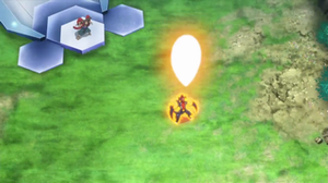 Mega-Garchomp de Remo lanzando una potente energía al cielo...
