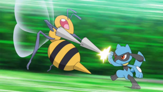 Beedrill de Goh usando doble aguijón/doble aguijón.
