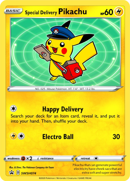Archivo:Special Delivery Pikachu (SWSH Promo 74 TCG).png