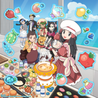 Maya y su Alcremie junto a otros Entrenadores en la Cafetería del Festival Estudiantil de la Academia de Passio.