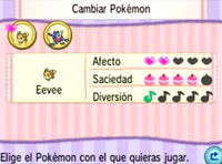Características de un Pokémon en el Poké Recreo. Se puede observar la barra de hambre que se rellena con Pokélitos.