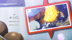 Foto del Capitán Pikachu y Crocalor contra Entei mostrada en el EP1315.