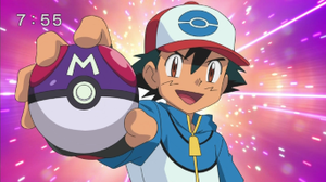 Ash con una Masterbola/Master Ball en un anuncio.