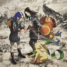 Artwork de Lina junto a Adamas de la miniserie Pokémon: Nieves de Hisui.