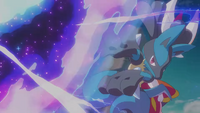 Un Lucario usando aura esfera/esfera aural en el tráiler animado del PWC 2023.