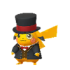 Pikachu con traje elegante rojo y monóculo
