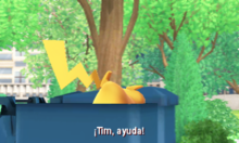 En uno de los momentos Pikachu, Detective Pikachu acaba dentro de un contenedor de basura.