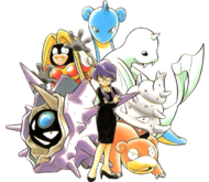Artwork de Lorelei junto con sus Pokémon.