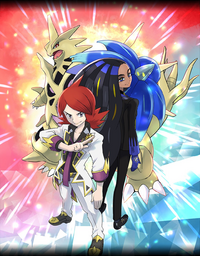 Artwork de Ságita y Plata (Neocampeón) en Pokémon Masters EX.