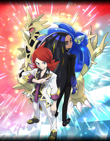 Artwork de Plata (Neocampeón) junto a Ságita en Pokémon Masters EX.