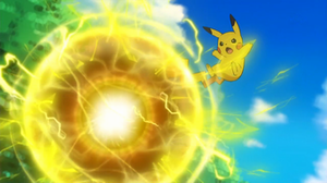Pikachu de Ash usando bola voltio.