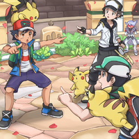 Artwork de Rojo junto a Ash y Scottie en Pokémon Masters EX.
