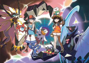Elio y Selene con los iniciales, Lycanroc, la RotomDex y Necrozma.