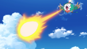 Rowlet de Ash usando Bomba Semilla/Bomba Germen.