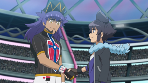 Alain estrechándole la mano a Leon/Lionel (anime).