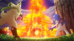 Foto de Floragato, Crocalor, Quaxwell y Capi contra Flamariete mostrada en el EP1318.