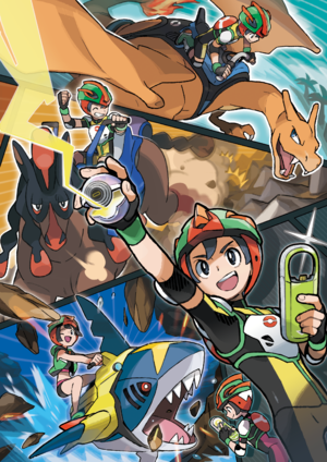 Elio y Selene utilizando varias Pokémonturas.