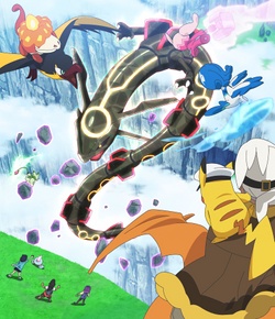 Foto de Liko, Rod, Doti y Friede contra el Rayquaza Negro mostrada en el EP1319.