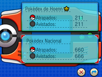 Imagen externa de la Pokédex. Se puede apreciar como la Pokédex diferencia entre Pokémon avistados y capturados.