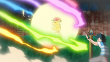 Pikachu de Ash usando gigarrayo fulminante en un flashback del EP1087.
