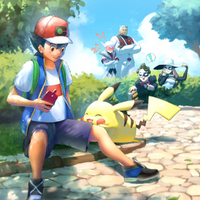 Artwork de Ash junto a su Pikachu siendo observados por el Team Break.