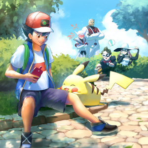 Artwork de Ash junto a su Pikachu siendo observados por el Team Break.