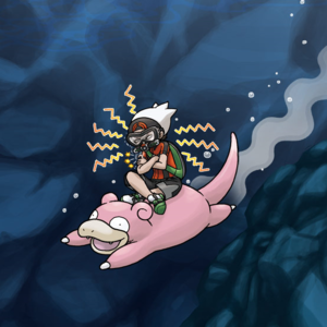 Artwork de Bruno ordenando a su Slowpoke usar Buceo.