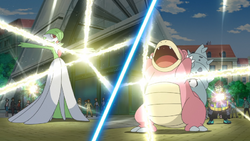 Slowbronita de un entrenador megaevolucionando a su Slowbro.