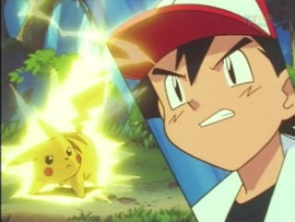 Pikachu de Ash usando Impactrueno.