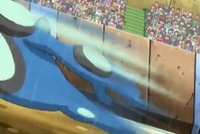 Seismitoad de Edmund/Edmundo usando nado rápido, moviéndose a gran velocidad bajo la lluvia.